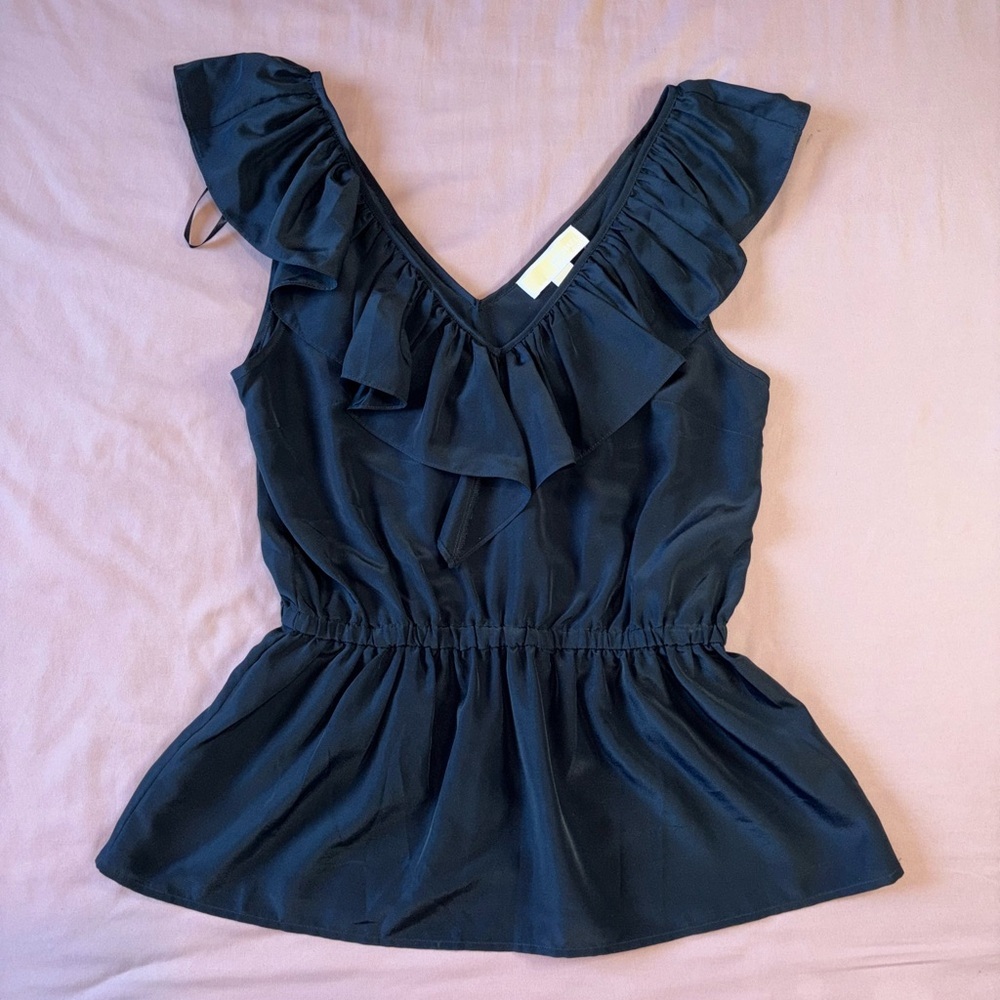 Michael Kors Navy Ruffle V-Neck Peplum Top - Picture 3 of 6